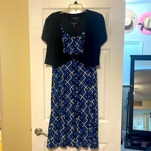 Geometric Midi Dress with Cropped Black Bolero Jacket